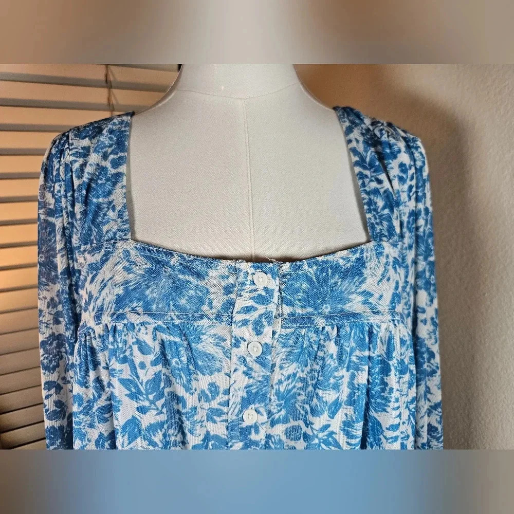 Beyond the Radar Medium Womens Blue Floral Print Long Sleeve Top Boho Flowy - Picture 5 of 13